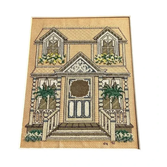 Vintage Cross Stitch Victorian House With Ferns Signed Dated - Picture 10 of 11
